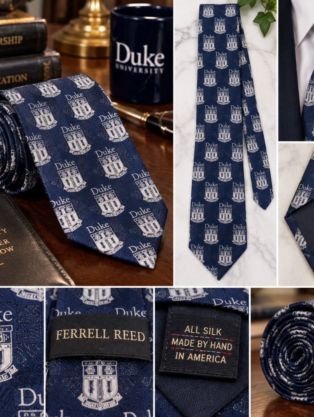 Ferrell Reed Duke University Tie 100% Silk Crest Jacquard Handmade USA Navy